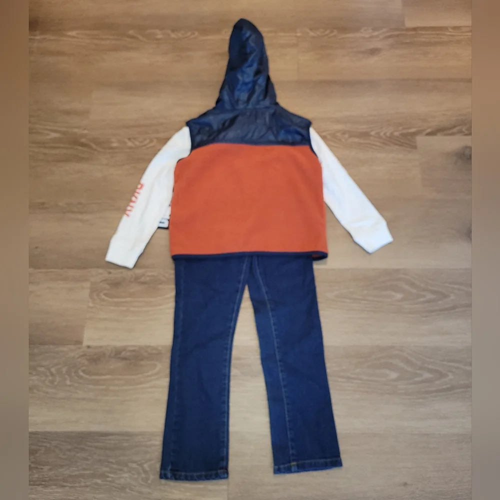 DKNY Boys’ 3 Piece Set Layered Jeans Shirt Vest Hoodie Shirt Size 5 New